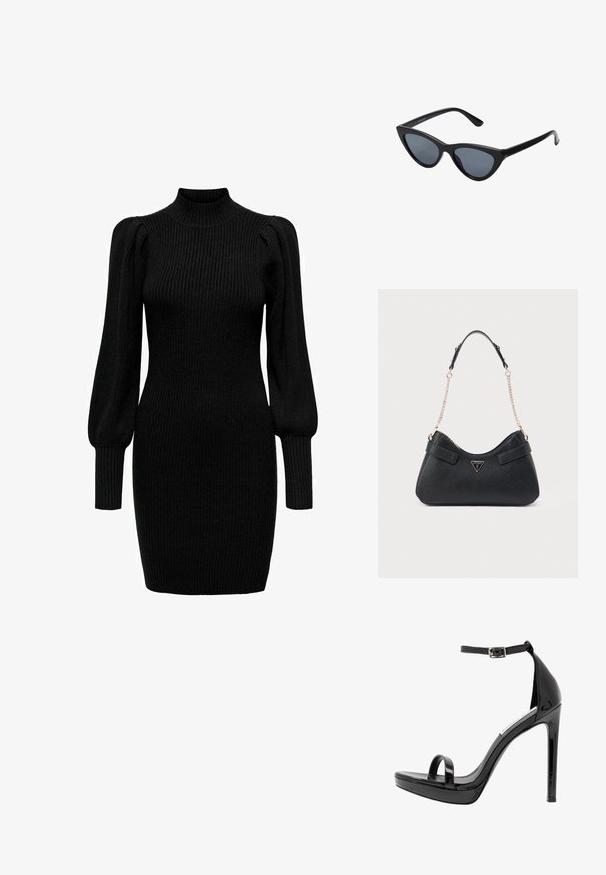 Robe en tricot noire avec un col montant, de longues manches bouffantes et une texture côtelée. Forme ajustée, atteignant le milieu de la cuisse. Aucun motif ni accent visible.; Steve Madden MILANO - Sandales à talons hauts - black; Lunettes de soleil noires en forme d'œil de chat avec des verres gris foncé, monture en plastique élégante, coins pointus et branches droites. Pas de métal visible ni d'accents.; Sac à main noir avec une finition texturée, silhouette incurvée, double bandoulière en cuir et chaîne, ornée d'un logo doré.