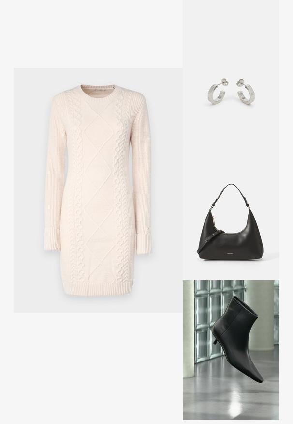 Vestido de punto en rosa claro con patrones texturizados, escote redondo, mangas largas y puños y dobladillo de canalé.; Botín negro de cuero con punta puntiaguda y tacón bajo estilo kitten, mostrado en ángulo sobre un suelo pulido y con una pared de bloques de vidrio de fondo.; Bolso hobo de cuero negro con una estructura curva, cremalleras doradas y correa ajustable. Presenta un logoembosado en la parte frontal. Textura suave.; Pendientes aros de metal plateado con un diseño texturizado, que cuentan con un pequeño respaldo de clip y una marca en uno de los aros. Forma redondeada con un acabado pulido.