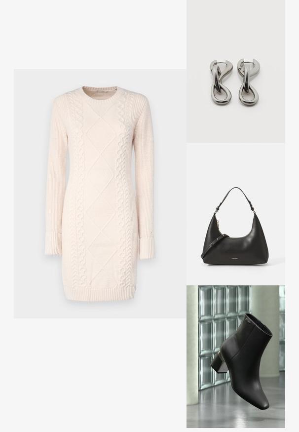 Strickkleid in Hellrosa mit strukturierten Mustern, Rundhalsausschnitt, langen Ärmeln sowie gerippten Bündchen und Saum.; Schwarzer Leder-Stiefelette mit Blockabsatz, DKNY-Logo nahe oben, dargestellt vor einer Glasblockwand und poliertem Betonboden.; Schwarze Leder-Hobo-Tasche mit einer geschwungenen Form, goldenem Reißverschluss und verstellbarem Gurt. Verfügt über ein geprägtes Logo auf der Vorderseite. Glatte Textur.; Paar silberfarbene Metallohrringe mit abstraktem ineinandergreifendem Schlaufen-Design auf weißem Hintergrund.