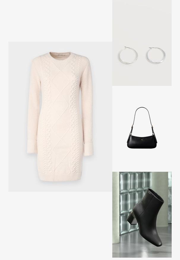 Vestido de punto en rosa claro con patrones texturizados, escote redondo, mangas largas y puños y dobladillo de canalé.; Botín de cuero negro con tacón cuadrado, logo DKNY cerca de la parte superior, exhibido frente a una pared de bloques de vidrio y suelo de hormigón pulido.; Mini bolso negro de cuero para hombro con correa delgada y pequeño logo dorado CK en el centro frontal.; Pendientes de aro de metal plateado con superficie lisa y ligeramente curvada y cierre de tipo mosquetón sobre un fondo blanco liso.