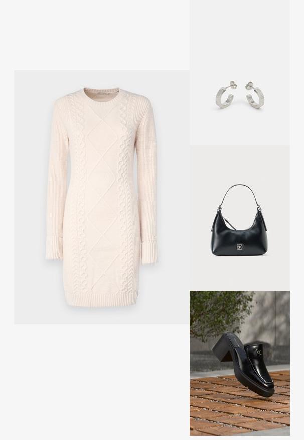Vestido de punto en rosa claro con patrones texturizados, escote redondo, mangas largas y puños y dobladillo de canalé.; Mule tipo slip-on de cuero negro de Calvin Klein con tacón de bloque descansando sobre baldosas de madera al aire libre cerca de una planta verde y una pared gris.; Bolso de hombro de cuero negro con un solo asa, cierre de cremallera y un pequeño logo cuadrado plateado en la parte delantera.; Pendientes aros de metal plateado con un diseño texturizado, que cuentan con un pequeño respaldo de clip y una marca en uno de los aros. Forma redondeada con un acabado pulido.