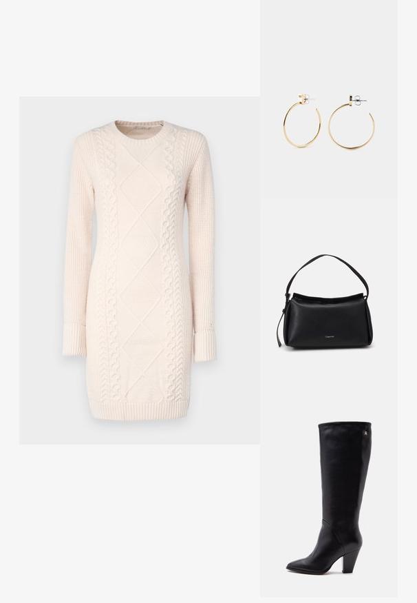 Vestido de punto en rosa claro con patrones texturizados, escote redondo, mangas largas y puños y dobladillo de canalé.; Bota alta de cuero negro para mujer con puntera puntiaguda, tacón grueso y pequeño logo dorado cerca de la parte superior sobre fondo neutro.; Bolso de mano de cuero negro con una forma curva, una sola correa y un cierre de cremallera en la parte superior. Presenta un logo sutil en la parte delantera para la marca.; Pendientes de aro dorados con un diseño redondo y liso, y un acabado pulido. Cuentan con un respaldo de presión seguro y una construcción ligera.