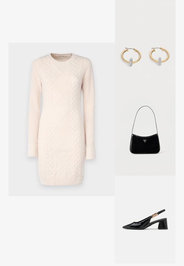 Strickkleid in Hellrosa mit strukturierten Mustern, Rundhalsausschnitt, langen Ärmeln sowie gerippten Bündchen und Saum.; Schwarze Lackleder Slingback-Pumps mit einer spitzen Zehe und goldfarbener Hardware am Riemen, ausgestattet mit einem Blockabsatz. Glatte Textur.; Schwarze Schultertasche aus Lackleder mit schmalem Riemen, dreieckigem Guess-Logo vorne und einem Reißverschluss oben.; Paar goldfarbene Creolen mit kleinem silberfarbenem Schlaufen-Detail an jeder, vor hellem grauem Hintergrund präsentiert.