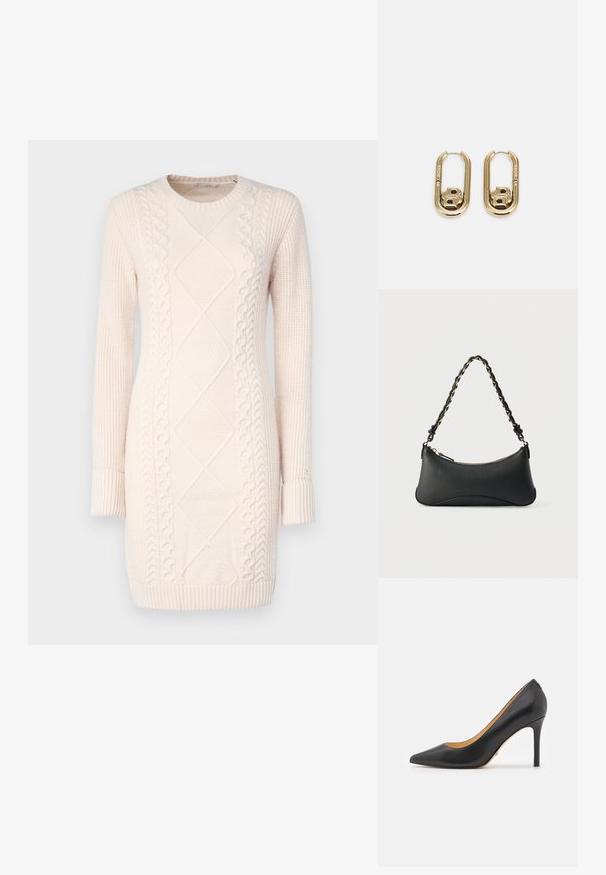 Strickkleid in Hellrosa mit strukturierten Mustern, Rundhalsausschnitt, langen Ärmeln sowie gerippten Bündchen und Saum.; Schwarze Leder-Peeptoe-High Heels mit einem Stiletto-Absatz, die eine glatte Textur und ein minimales Design aufweisen. Innen gefüttert in Tan.; Schwarze Lederschultertasche mit gewölbter rechteckiger Form, goldener Kette, die in den geflochtenen schwarzen Riemen eingewebt ist, und Reißverschlussverschluss oben.; BOSS DOUBLE B SWING - Ohrringe - gold-coloured