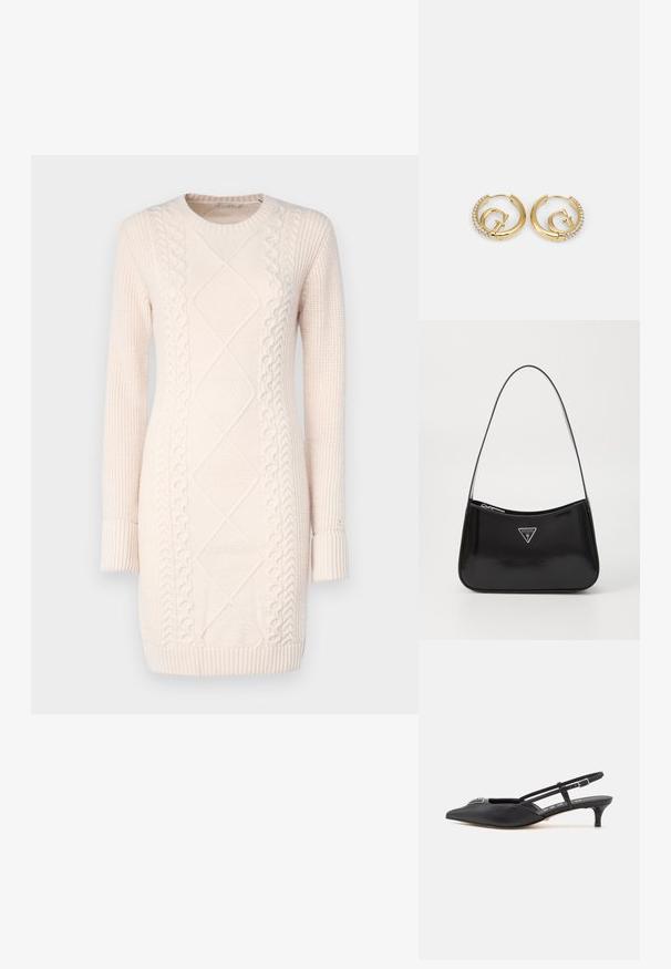 Brede gebreide jurk in lichtroze met textuurpatronen, ronde hals, lange mouwen, en geribde manchetten en zoom.; Zwarte slingback schoenen met een puntige neus, gemaakt van glad materiaal, met een kleine hak en een decoratieve zilverkleurige accent op de wreef.; Zwarte lakleren schoudertas met een gebogen vorm, voorzien van een zilveren driehoeklogo en een ritssluiting. Gladde textuur en slanke schouderband.; Guess CRAZY EARRINGS - Oorbellen - gold-coloured