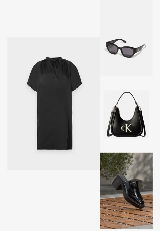 Vestido negro corto hecho de una tela suave con escote en V y bordes de las mangas con forma de concha. El diseño presenta una silueta simple y holgada.; Mule tipo slip-on de cuero negro de Calvin Klein con tacón de bloque descansando sobre baldosas de madera al aire libre cerca de una planta verde y una pared gris.; Gafas de sol negras con un diseño elegante y angular, lentes oscuros y un logo plateado en contraste en el lateral. Textura de plástico suave.; Bolso de mano de cuero negro con logo plateado "cK" en el frente, con asa corta y correa de hombro ajustable más larga.