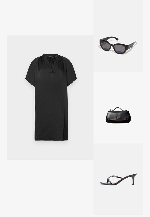 Vestido negro corto hecho de una tela suave con escote en V y bordes de las mangas con forma de concha. El diseño presenta una silueta simple y holgada.; Sandalia de tacón de charol negro con tiras finas cruzadas y un tacón de aguja delgado de altura media, sobre un fondo blanco.; Gafas de sol negras con un diseño elegante y angular, lentes oscuros y un logo plateado en contraste en el lateral. Textura de plástico suave.; Bolso de mano negro de piel con un asa pequeña, logo "cK" en tono dorado en la solapa frontal y detalles de herrajes dorados.