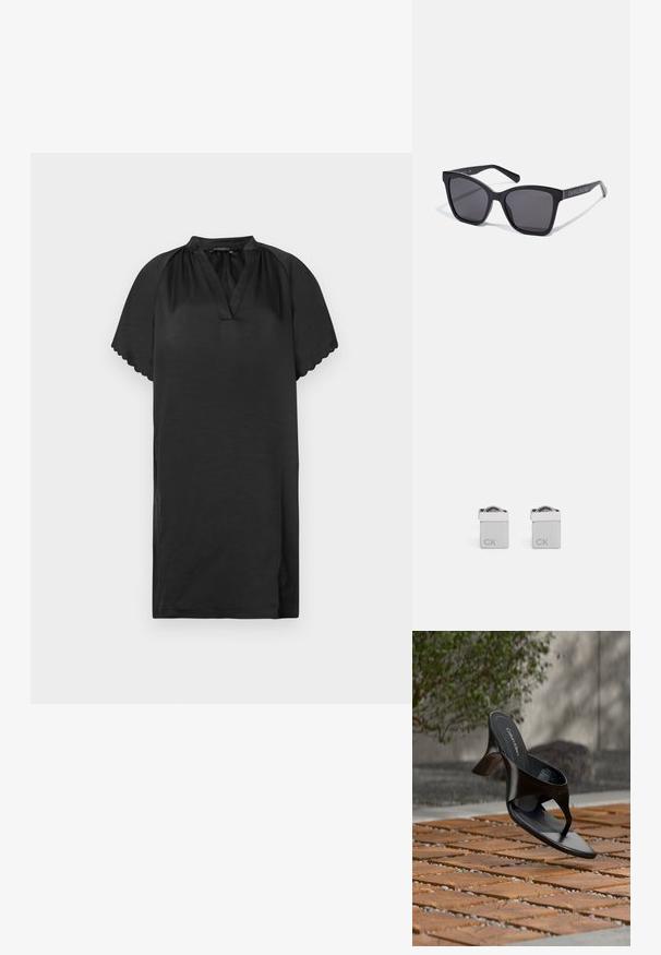 Vestido negro corto hecho de una tela suave con escote en V y bordes de las mangas con forma de concha. El diseño presenta una silueta simple y holgada.; Sandalia negra de tacón tipo tanga de Calvin Klein flotando sobre una superficie exterior de azulejos, con vegetación y una pared de hormigón al fondo.; Gafas de sol rectangulares negras con lentes oscuros y marcos brillantes. Presentan un logotipo plateado en el lateral. Forma cuadrada con brazos robustos.; Gemelos de puño cuadrados de plata con un acabado pulido, que presentan las letras grabadas "CK" en un lado y un detalle redondeado en la parte superior.