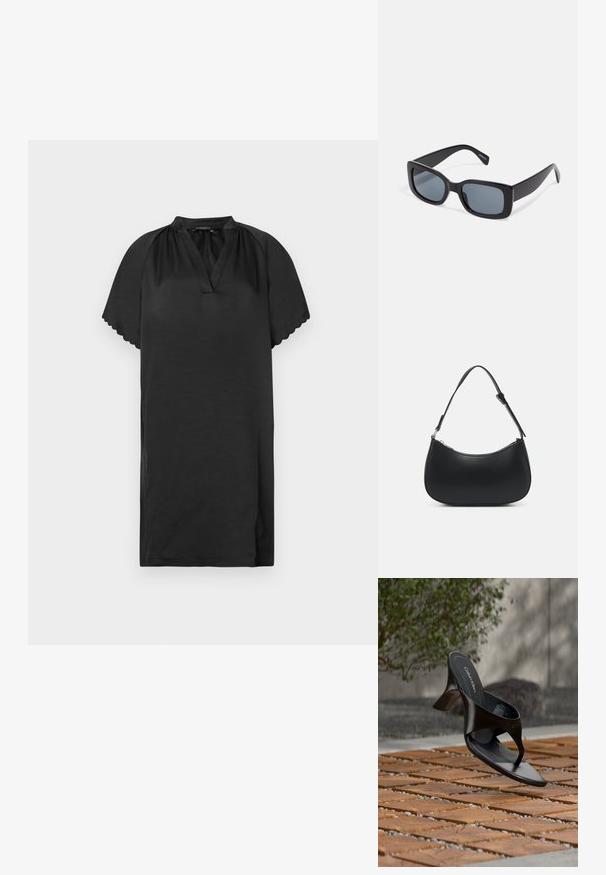 Klein schwarzes Kleid aus weichem Stoff mit V-Ausschnitt und geschwungenen Ärmelkanten. Das Design zeichnet sich durch eine schlichte, lockere Passform aus.; Schwarze Calvin Klein Riemchensandale mit Absatz, schwebend über einer gefliesten Außenfläche mit Grünpflanzen und einer Betonwand im Hintergrund.; Schwarze rechteckige Sonnenbrille mit dunkel getönten Gläsern, dickem Kunstrahmen und breiten Bügeln. Glatte Oberfläche und kantiges Design.; Pieces PCALUANA SHOULDER BAG - Handtasche - black