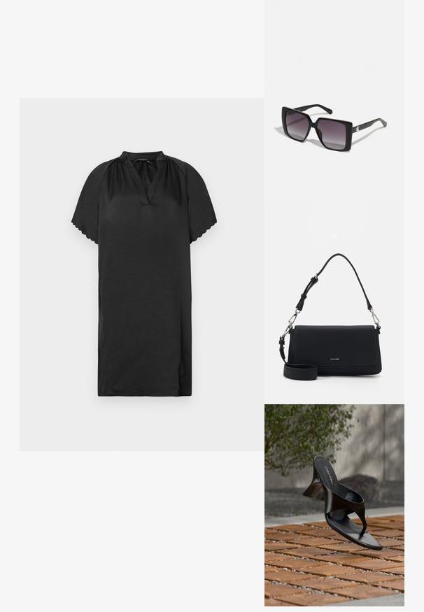 Vestido negro corto hecho de una tela suave con escote en V y bordes de las mangas con forma de concha. El diseño presenta una silueta simple y holgada.; Sandalia negra de tacón tipo tanga de Calvin Klein flotando sobre una superficie exterior de azulejos, con vegetación y una pared de hormigón al fondo.; Gafas de sol cuadradas negras con lentes degradados grises. Montura brillante con líneas elegantes. Acento de logo plateado en las patillas.; Bolso de mano sintético negro con una textura suave, cierre con solapa y una correa para el hombro desmontable. Presenta herrajes plateados y el logo de la marca.