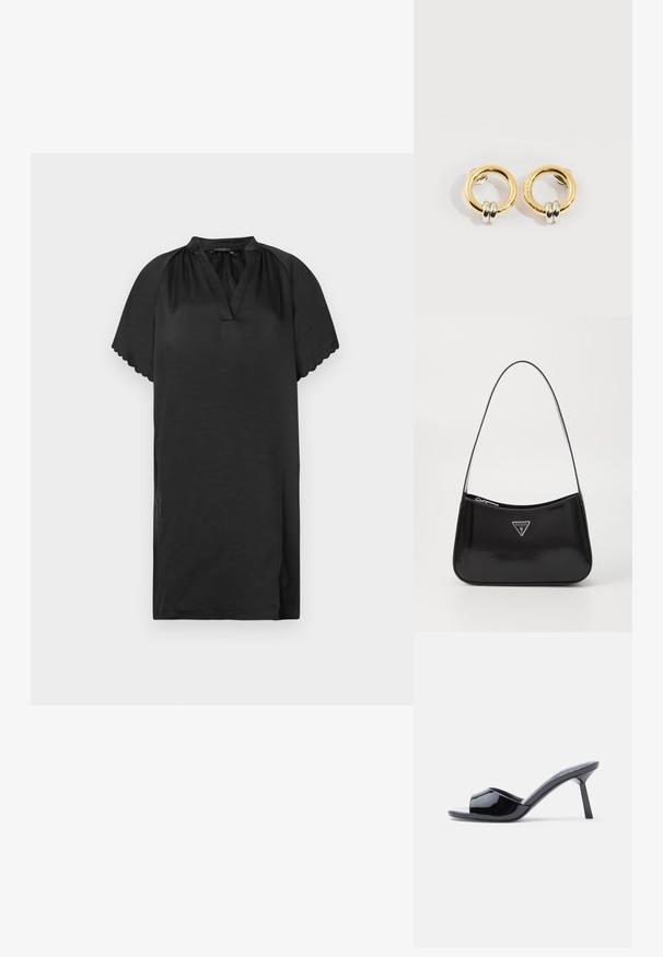 Klein schwarzes Kleid aus weichem Stoff mit V-Ausschnitt und geschwungenen Ärmelkanten. Das Design zeichnet sich durch eine schlichte, lockere Passform aus.; Schwarze Sandalen mit Absatz aus Lackleder, offenem Zehenbereich, mit geschwungenem Obermaterial und spitz zulaufendem Stilettoabsatz. Glatte, glänzende Oberfläche.; Schwarze patentierte Leder-Schultertasche mit geschwungener Form, ausgestattet mit einem silbernen Dreieckslogo und einem Reißverschluss. Glatte Textur und schmaler Riemen.; Goldene runde Ohrringe mit jeweils zwei kleinen silbernen Ringen, die dezent gravierte Markennamen zeigen, vor weißem Hintergrund platziert.
