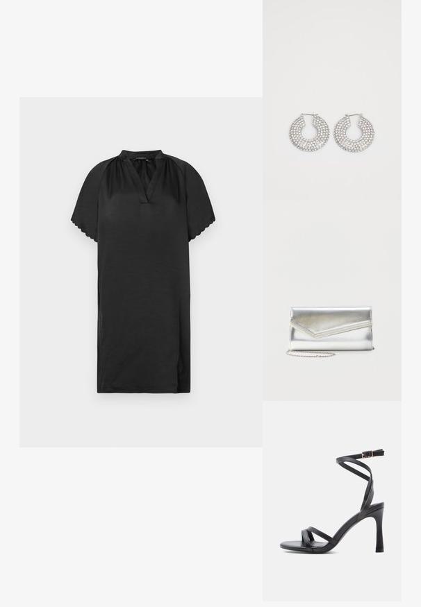 Kort sort kjole lavet af blødt stof med v-hals og bølgede ærmekanter. Designet har en enkel, løs pasform.; Sorte højhælede sandaler med et elegant design, der har to smalle remme hen over tåen og en krydsrem omkring anklen med en spænde.; Skinnende sølv clutch taske med kuvertlåg og dekorativ kant, lille sølvkæde, på ensartet lys baggrund.; Sølvøreringe med flere klare krystaludsmykninger, med en struktureret overflade og et åbent rundt design.