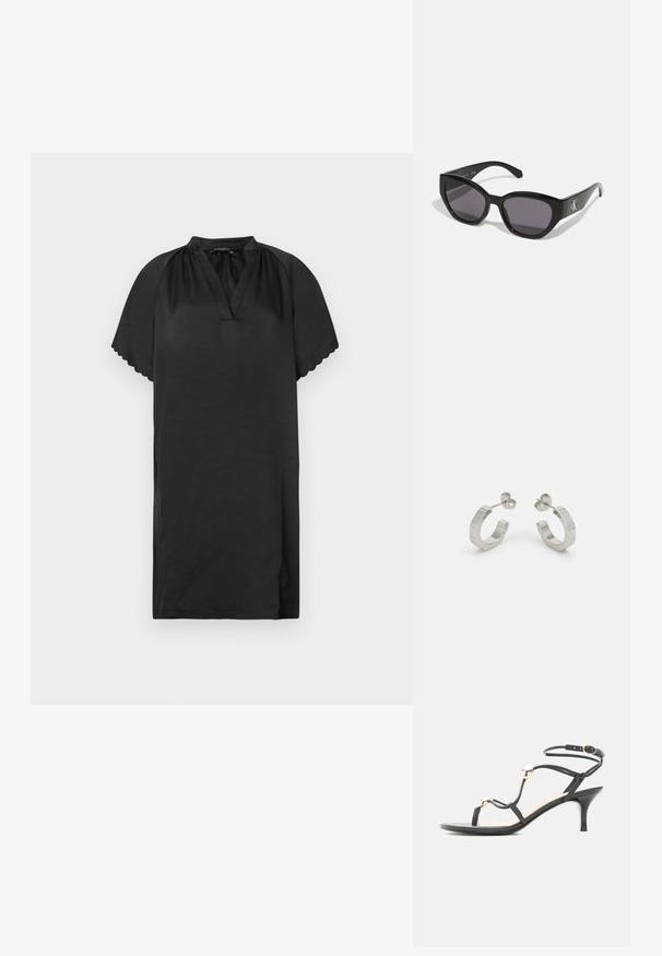 Klein schwarzes Kleid aus weichem Stoff mit V-Ausschnitt und geschwungenen Ärmelkanten. Das Design zeichnet sich durch eine schlichte, lockere Passform aus.; Schwarze Riemchensandale mit mittelhohem Absatz, goldenen Akzentperlen und einem Knöchelriemen mit Schnalle auf weißem Hintergrund.; Schwarze Sonnenbrille mit einem schlanken, kantigen Design, dunklen Gläsern und einem kontrastierenden silbernen Logo an der Seite. Glatte Kunststoffoberfläche.; Silberne Metall-Hoops mit strukturiertem Design, ausgestattet mit einem kleinen Steckverschluss und Branding an einem Hoop. Abgerundete Form mit glänzender Oberfläche.