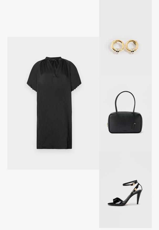 Klein schwarzes Kleid aus weichem Stoff mit V-Ausschnitt und geschwungenen Ärmelkanten. Das Design zeichnet sich durch eine schlichte, lockere Passform aus.; Schwarze, lackierte High-Heeled-Sandalen mit doppelten Knöchelriemen und goldenen Schnallen, Zehen offen und schlankem, spitz zulaufendem Absatz auf neutralem Hintergrund.; Schwarze rechteckige Handtasche mit doppelten, abgerundeten Griffen, goldfarbenem Reißverschluss und geprägtem „HUGO“-Logo auf der Vorderseite sowie angebrachtem Lederanhänger.; Goldene runde Ohrringe mit jeweils zwei kleinen silbernen Ringen, die dezent gravierte Markennamen zeigen, vor weißem Hintergrund platziert.
