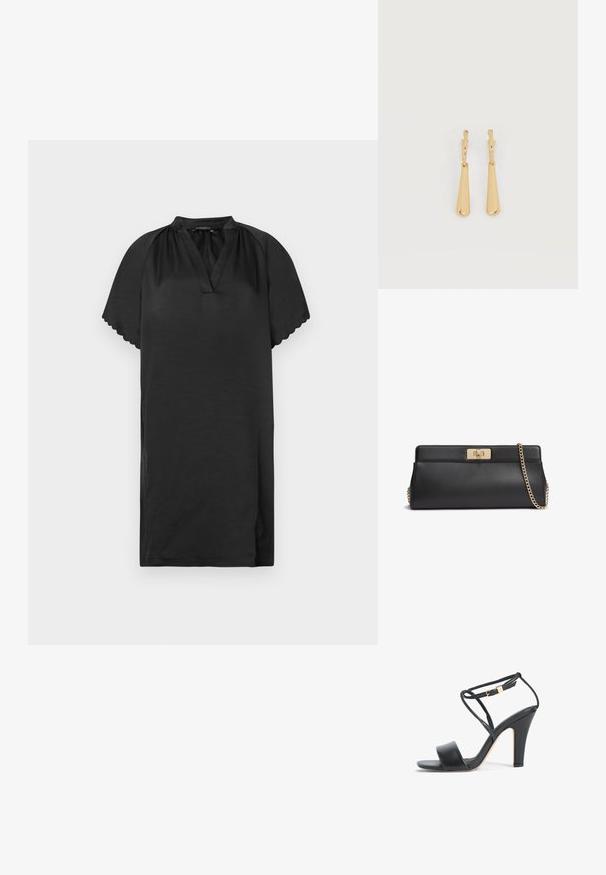 Klein schwarzes Kleid aus weichem Stoff mit V-Ausschnitt und geschwungenen Ärmelkanten. Das Design zeichnet sich durch eine schlichte, lockere Passform aus.; Schwarze Sandale mit hohem Absatz, dünnem Knöchelriemen, goldener Schnalle, offenem Zehenbereich und Blockabsatz, seitlich auf weißem Hintergrund dargestellt.; Schwarze Clutch aus Leder mit goldfarbenem Metall-Drehverschluss und passendem goldfarbenem Ketten-Schulterriemen.; Ohrhänger in Gold-Ton mit glatten, länglichen Tropfenanhängern, die an kleinen Creolenverschlüssen hängen, auf weißem Hintergrund.