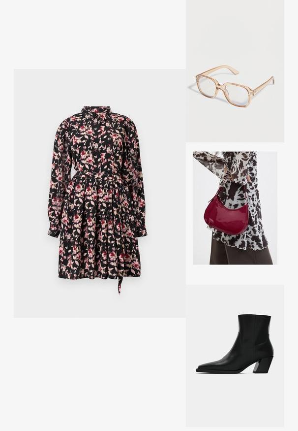 Floral dress met een zwarte basis, voorzien van roze en crèmekleurige patronen, lange mouwen, een kraag en een taille die is getailleerd met een uitlopende rok.; Zwarte leren enkelboot met een spitse neus, een slanke silhoeet en een chunky vierkante hak. Gladde textuur met minimale stikdetails.; Doorzichtige lichtbruine rechthoekige brillenmonturen met heldere glazen, tentoongesteld op een witte achtergrond.; Vrouw met een zwart-wit gebloemde blouse houdt een glanzende rode schoudertas vast tegen een effen achtergrond.