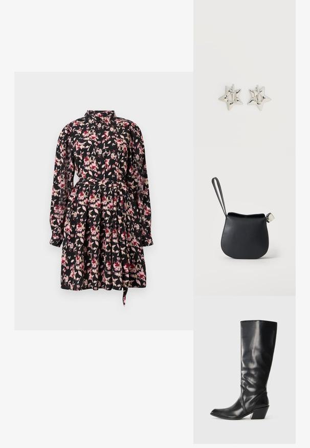 Floral dress met een zwarte basis, voorzien van roze en crèmekleurige patronen, lange mouwen, een kraag en een taille die is getailleerd met een uitlopende rok.; Zwarte leren hoge laars tot de knie met een spitse neus, hoekige hak en een soepele textuur. Heeft een subtiele gestikte accent langs de zijkant.; Zwart leren polstasje met afgeronde bodem en zilveren gesp op een effen witte achtergrond.; Zilverkleurige stervormige oorringen met een gladde, gepolijste afwerking op een effen witte achtergrond.