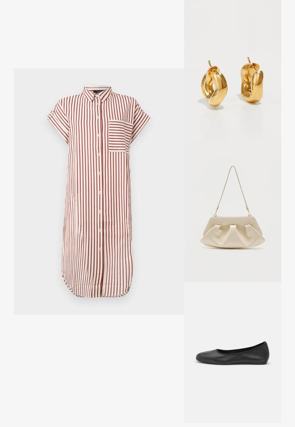 Vestido de camisa a rayas rojas y blancas con cuello, mangas cortas, un bolsillo en la parte delantera y cierre de botones, hecho de tela ligera.; Bailarina de piel negra con punta redondeada, textura suave, detalle de costura minimalista y diseño de suela flexible.; Bolso de mano suave de color crema con pliegues recogidos y una correa delgada para el hombro con herrajes dorados.; Pendientes de aro grueso en oro con un diseño tubular ligeramente retorcido y cierre de presión, sobre un fondo blanco.