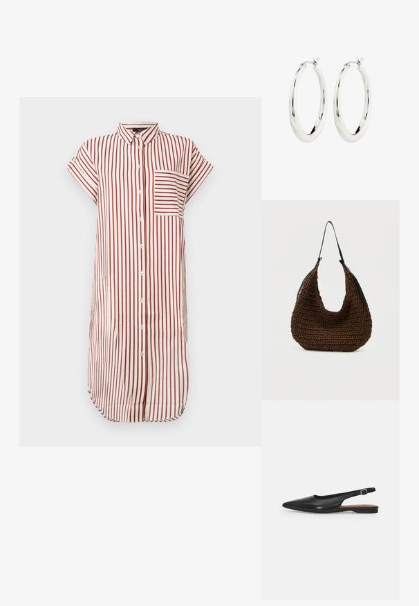 Vestido de camisa a rayas rojas y blancas con cuello, mangas cortas, un bolsillo en la parte delantera y cierre de botones, hecho de tela ligera.; Zapato de cuero negro tipo slingback con punta afilada, ligero brillo y correa ajustable en el tobillo. Tacón plano con plantilla marrón.; Bolso marrón tejido con una forma suave y redondeada y una única correa delgada negra para el hombro, sobre un fondo sencillo.; Pendientes de aro de plata con un acabado suave y brillante. Forma circular, con un cierre seguro. Diseño sencillo y elegante.