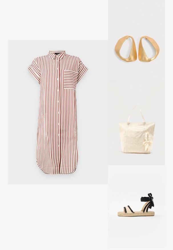Rødt og hvidt stribet skjortekjole med krave, korte ærmer, en frontlomme og knaplukning, lavet af letvægtsstof.; Sort og beige espadrillesandal med åbne tæer, der har en vævet jute sål og ankelremme. Stribet design med en glat tekstur.; Beige lærredstaske med to håndtag og en scrunchie med sløjfe fastgjort til det ene håndtag, sat mod en ensfarvet baggrund.; Par af uregelmæssige, asymmetriske gyldne hoop-øreringe med en glat, mat finish på en neutral baggrund.