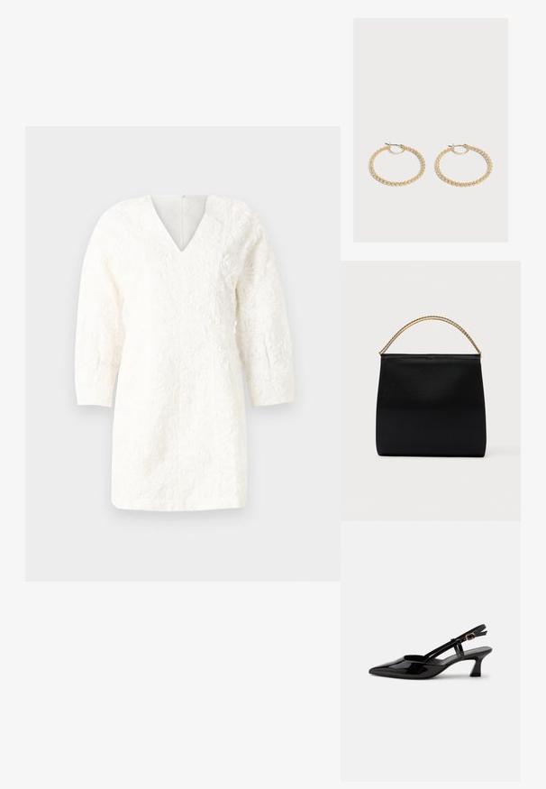 Vestido blanco con escote en V, mangas tres cuartos y patrones florales texturizados. Corte recto con un acabado suave y cierre de cremallera en la parte posterior.; Zapato slingback de charol negro con tacón bajo, punta puntiaguda y correa ajustable con hebilla dorada sobre fondo blanco.; Bolso negro de tela suave, con forma estructurada, asa de cadena dorada y diseño geométrico minimalista.; Par de pendientes de aro dorados de tamaño mediano con un diseño texturizado y con cuentas sobre un fondo claro y liso.