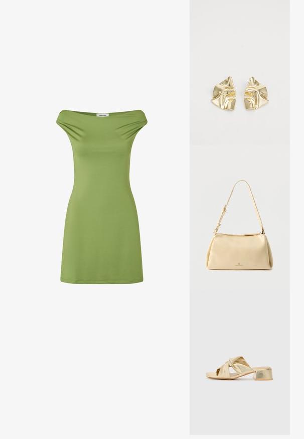 Robe verte à épaules dénudées en tissu doux et extensible. Design simple, silhouette ajustée et longueur mi-thigh. Texture lisse.; Sandales à enfiler en cuir doré avec un design en avant noué et un talon carré épais. Texture lisse avec une finition métallique.; Sac bandoulière rectangulaire beige avec sangle réglable et fermeture éclair, comportant un petit logo "Anna Field" au centre avant.; Boucles d'oreilles en métal doré avec un design ondulé ; surface lisse et réfléchissante ; forme asymétrique ; sans motifs ni éléments visibles.