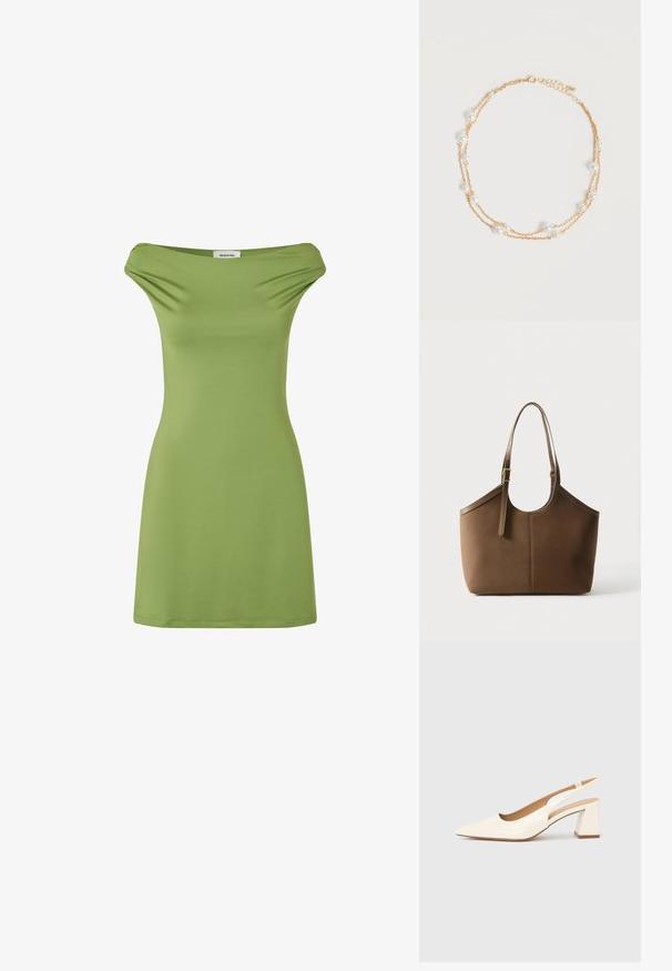 Robe verte à épaules dénudées en tissu doux et extensible. Design simple, silhouette ajustée et longueur mi-thigh. Texture lisse.; Escarpin slingback en cuir verni crème brillant, avec un bout pointu et un talon carré épais pour la stabilité. Design minimaliste, sans ornements.; Sac cabas en cuir marron avec bandoulière ajustable et boucle dorée, texture lisse, présenté sur fond blanc uni.; Collier délicat à double chaîne en or avec de petites perles blanches espacées régulièrement sur un fond clair uni.