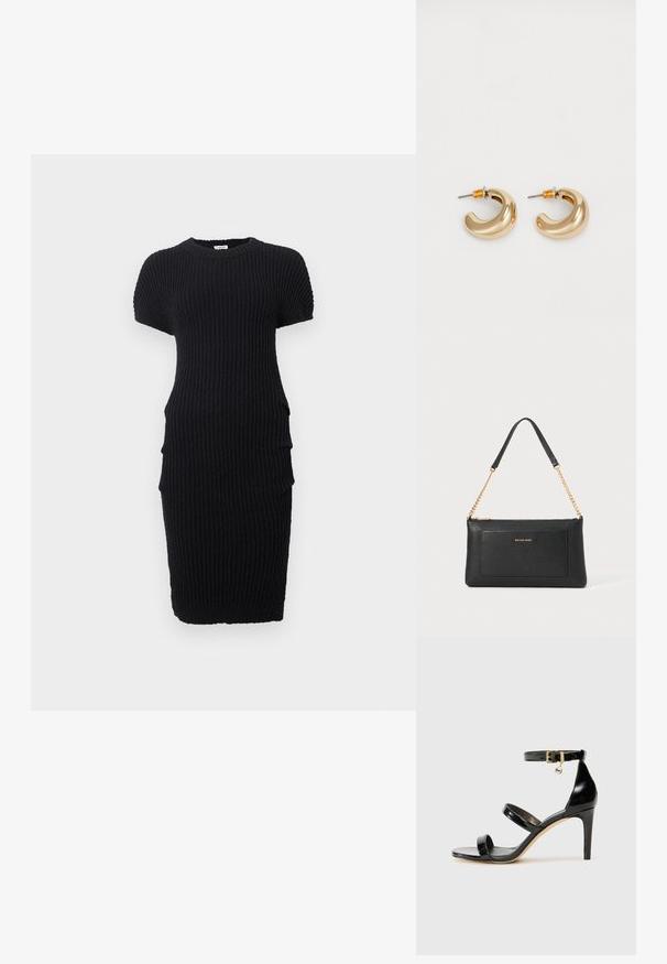 Robe courte en maille noire côtelée à manches courtes, col rond et silhouette ajustée, présentée sur fond blanc.; Sandale en cuir verni noir avec trois brides, boucle de cheville et talon aiguille de 10 cm. Présente un détail en métal doré et un charm logo.; Pochette en cuir noir avec une texture en relief, bandoulière en chaîne dorée et une poche avant. Elle arbore un logo doré sur le devant.; Deux boucles d'oreilles en forme de cerceau en or brillant, avec un design courbé, présentant des accents orange près de la tige, sur fond blanc uni.