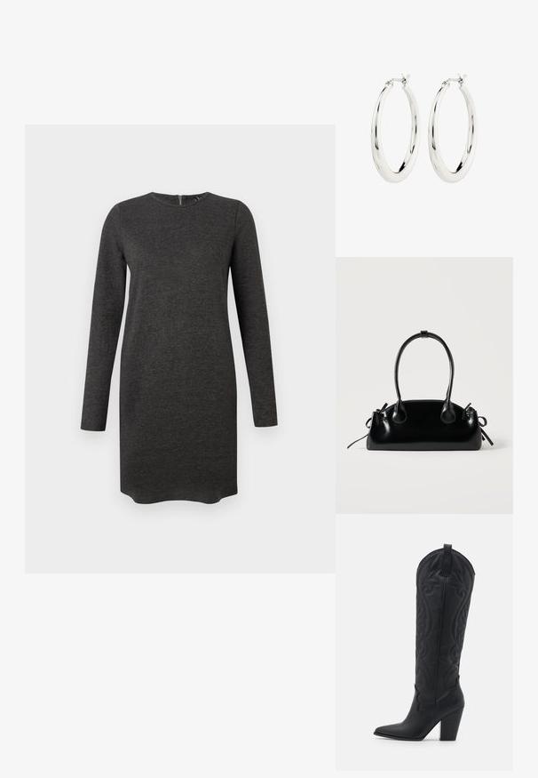 Langærmet grå kjole lavet af blødt stof med rund halsudskæring og en subtil tekstur, der har en lynlåsdetaile bagpå.; Zign by Zalando LEATHER - Cowboy- / bikerstøvler - black; Lille sort blank håndtaske med to lange håndtag og snøre-detaljer i siden på en ensfarvet lys baggrund.; Sølvøreringe i form af hoops med en glat, blank finish. Cirkulær form, der har en sikker lås. Simpelt og elegant design.
