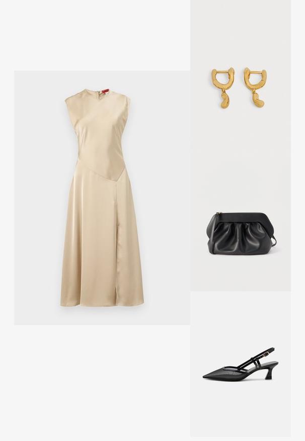 MAX&Co. LEGUME - Hverdagskjole - ecru; Sort spids tå slingback-sko med mesh-øverdel, tynde stropper, guldlås og lav buet hæl på hvid baggrund.; Sort læderclutch med struktureret ramme, rynkedetaljer og en slank håndledsrem på hvid baggrund.; Et par små øreringe i guldfarve med uregelmæssigt bønneformede vedhæng, der hænger fra hver hoop på en neutral baggrund.