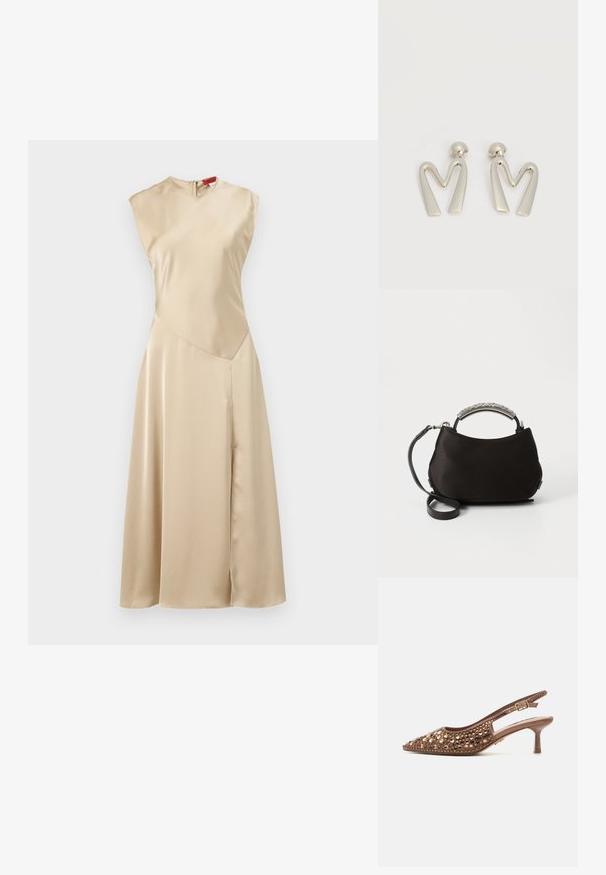 MAX&Co. LEGUME - Hverdagskjole - ecru; Brun slingback kitten heel sko med spids tå, pyntet med gyldne og bronze runde nitter, med justerbar bæltespænde.; Sort satin håndtaske med et buet sølvhåndtag og en aftagelig sort rem. Blød tekstur og rund form med et minimalistisk design.; Par sølvtonede metaleøreringe formet som den kantede bogstav M med runde fester på en hvid baggrund.