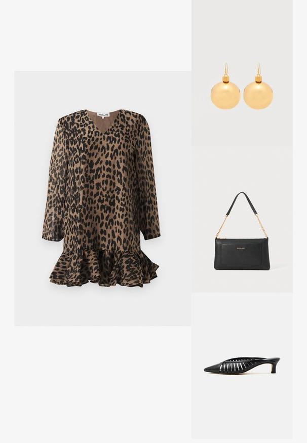 Leopardprintjurk met een V-hals, lange mouwen en een uitlopende ruffle zoom. Gemaakt van een gladde stof in bruine en zwarte tinten.; Zwarte leren mule met puntige neus, riemdesign met uitsnijdingen en lage kittenhiel op een witte achtergrond.; Zwarte leren clutch met een gepolijste textuur, gouden schouderband en een voorvak. Voorzien van een gouden logo op de voorkant.; Een paar glanzende gouden kerstbal-oorbellen met haaksluitingen op een effen witte achtergrond.
