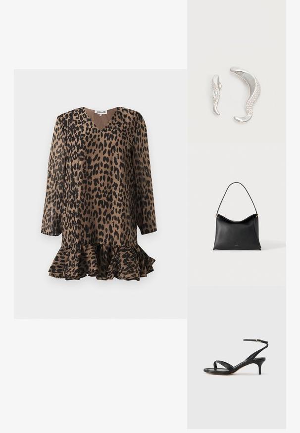 Leopardprintjurk met een V-hals, lange mouwen en een uitlopende ruffle zoom. Gemaakt van een gladde stof in bruine en zwarte tinten.; Zwarte leren dames sandaal met dunne bandjes, een teengreep, een enkelgesp en een stilettohak van gemiddelde hoogte op een neutrale achtergrond.; Zwarte leren handtas met een enkele riem en klein gouden merklogo op een effen lichte achtergrond.; Twee gebogen zilveren oorbellen, de één groter dan de ander, beide versierd met kleine fonkelende kristallen langs één rand.