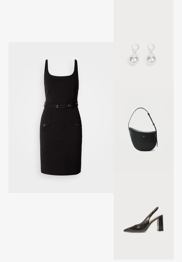 Zwarte getailleerde jurk met een vierkante halslijn, verstelbare riem met ronde hardware en twee voorzakken met afgeronde kleppen.; Zwarte leren slingback schoen met spits toelopend neusje, hoge blokhak en beige binnenvoering tegen een effen lichte achtergrond.; Zwarte halfmaansvormige leren schoudertas met verstelbare riem en goudkleurig "BOSS"-logo middenvoor.; Zilveren druppeloorbellen met gladde, ronde, reflecterende oppervlakken die hangen aan klapring-sluitingen. Achtergrond is puur wit.