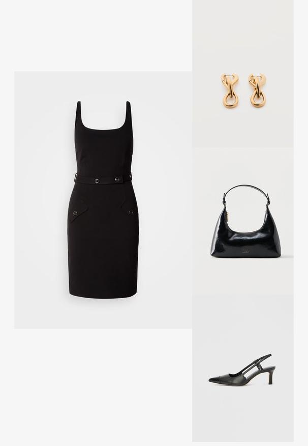 Zwarte getailleerde jurk met een vierkante halslijn, verstelbare riem met ronde hardware en twee voorzakken met afgeronde kleppen.; Zwarte leren slingback schoen met een puntige neus, voorzien van een glanzend detail op de neuskap en een hak van gemiddelde hoogte. Open zijkant ontwerp.; Zwarte glanzende Calvin Klein handtas met gouden rits en korte band tegen een effen witte achtergrond.; Een paar glanzende oorringen in goudkleur met een lusvormige, gedraaide en verstrengelde ontwerp, afgebeeld op een eenvoudige witte achtergrond.