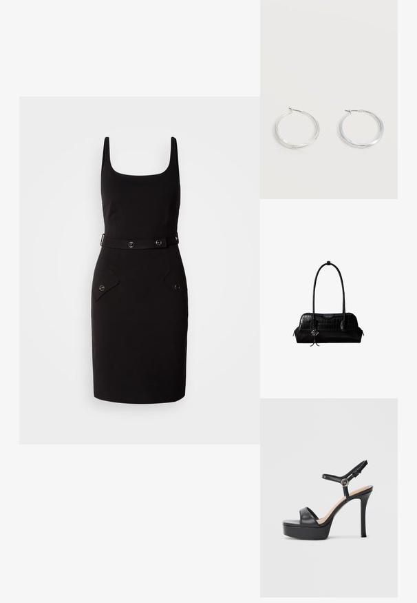 Zwarte getailleerde jurk met een vierkante halslijn, verstelbare riem met ronde hardware en twee voorzakken met afgeronde kleppen.; Zwarte platformsandalen met een hoge naaldhak, voorzien van een glad leren bovenkant, een peep-toe ontwerp en een verstelbare enkelriem met beslag.; Zwarte schoudertas van leer met krokodillenstructuur, lange banden en een klein zilveren logohanger aan één band.; Zilverkleurige metalen creolen oorbellen met een glad, licht gebogen oppervlak en sluitingen met haaksluiting op een effen witte achtergrond.