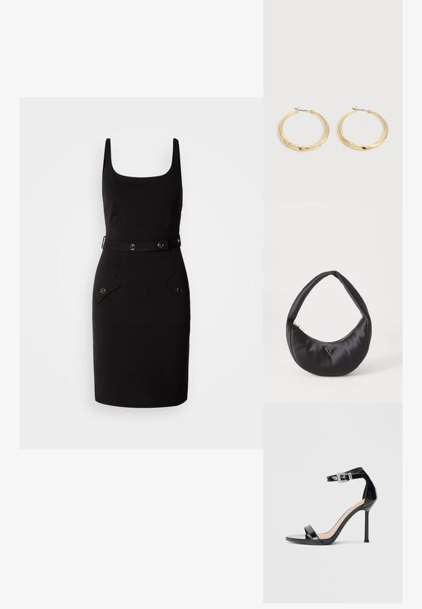 Zwarte getailleerde jurk met een vierkante halslijn, verstelbare riem met ronde hardware en twee voorzakken met afgeronde kleppen.; Zwarte sandalen met hoge hak van lakleer en een enkelriempje. Heeft een minimalistisch ontwerp, open teen en een gesp met strass-steentjes.; Zwarte satin handtas met een gebogen vorm, voorzien van een ritssluiting en een driehoekig metalen logo aan de voorkant. Gladde textuur en een slank ontwerp.; Een paar gepolijste gouden oorringen met dunne pennen en scharnierende sluitingen, tentoongesteld op een effen lichtgrijze achtergrond.