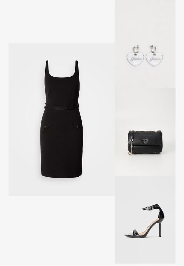 Zwarte getailleerde jurk met een vierkante halslijn, verstelbare riem met ronde hardware en twee voorzakken met afgeronde kleppen.; Zwarte sandalen met hoge hak van lakleer en een enkelriempje. Heeft een minimalistisch ontwerp, open teen en een gesp met strass-steentjes.; Zwarte leren schoudertas met gouden kettingriem en driehoekig Guess-logo op de voorflap, op een effen witte achtergrond.; Hartvormige oorbellen van witte kunststof met zilveren hardware. Bevat "Guess" in grijze letters. Glad oppervlak en gepolijste afwerking.