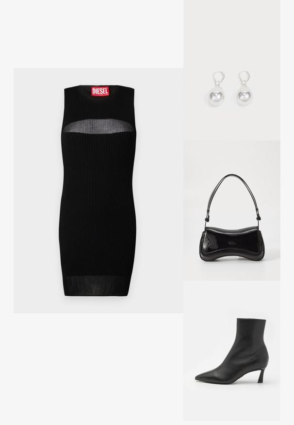 Zwarte mouwloze jurk met ribbelstructuur, met een semi-doorzichtige uitsnijding bij de borst. Label zegt "DIESEL" in vet rood.; Steve Madden LULAH - Enkelkaarsjes - black; Zwarte laarzen van patentleer met een gebogen vorm, een enkele handgreep en een ronde bodem. Beschikt over een subtiele logodetail aan de voorkant.; Zilveren druppeloorbellen met gladde, ronde, reflecterende oppervlakken die hangen aan klapring-sluitingen. Achtergrond is puur wit.