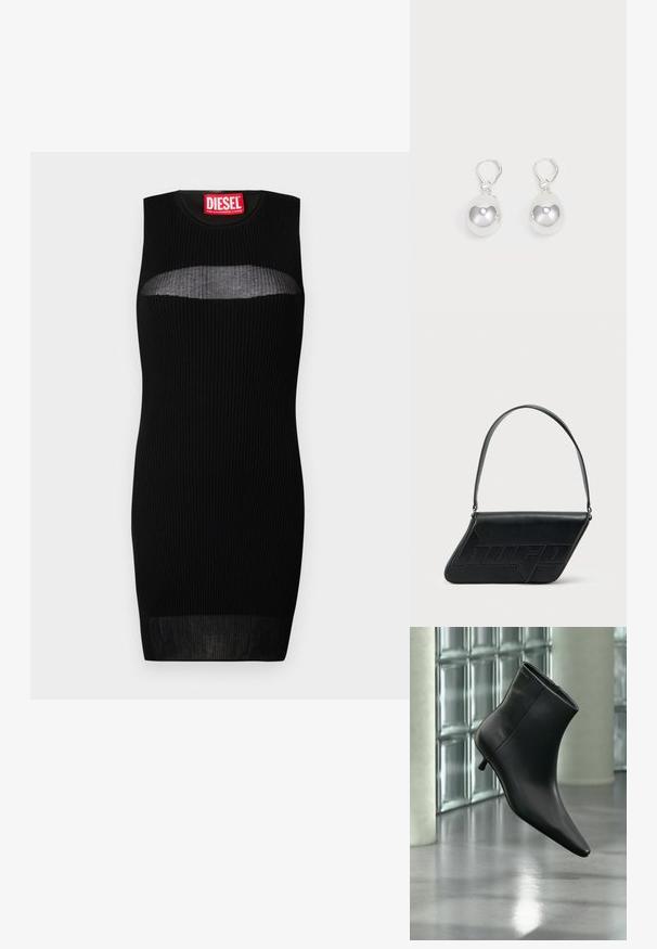 Schwarzes ärmelloses Kleid mit gerippter Textur, das einen semi-transparenten Ausschnitt an der Brust hat. Das Etikett trägt "DIESEL" in fettroter Schrift.; Schwarzer Leder-Stiefelette mit spitzer Zehenpartie und niedrigem Kitten-Heel, schräg dargestellt vor einem polierten Boden und einer Glasbausteinwand.; Schwarze Leder-Umhängetasche mit dreieckiger Form, geprägt mit Logo und einem einzigen verstellbaren Riemen. Minimalistisches Design mit glatter Textur.; Silberne Tropfenohrringe mit glatten, runden, reflektierenden Oberflächen, die an Hakenverschlüssen hängen. Der Hintergrund ist reinweiß.