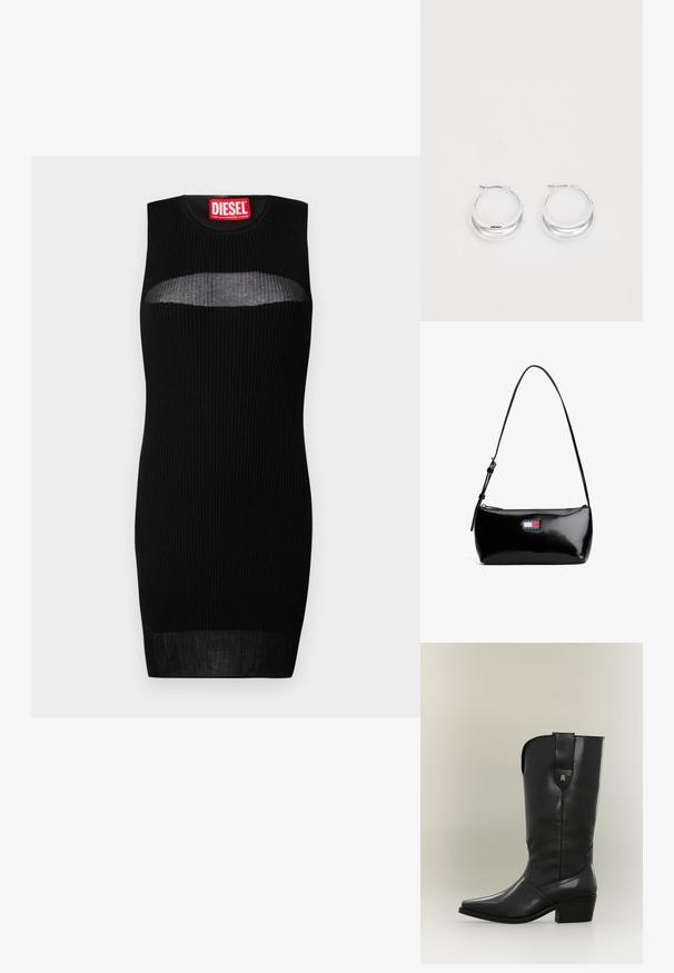Vestido negro sin mangas con textura acanalada, que presenta un corte semi-transparente en el pecho. La etiqueta dice "DIESEL" en rojo negrita.; Bota cowboy alta de cuero negro con punta puntiaguda, tacón grueso y lengüeta con un pequeño logo dorado.; Bolso de hombro de charol negro con una correa curva, cierre de cremallera y un parche de logo rectangular en rojo, blanco y azul.; Pendientes de aro de plata con un acabado pulido y la marca DKNY, exhibidos sobre un fondo blanco liso.