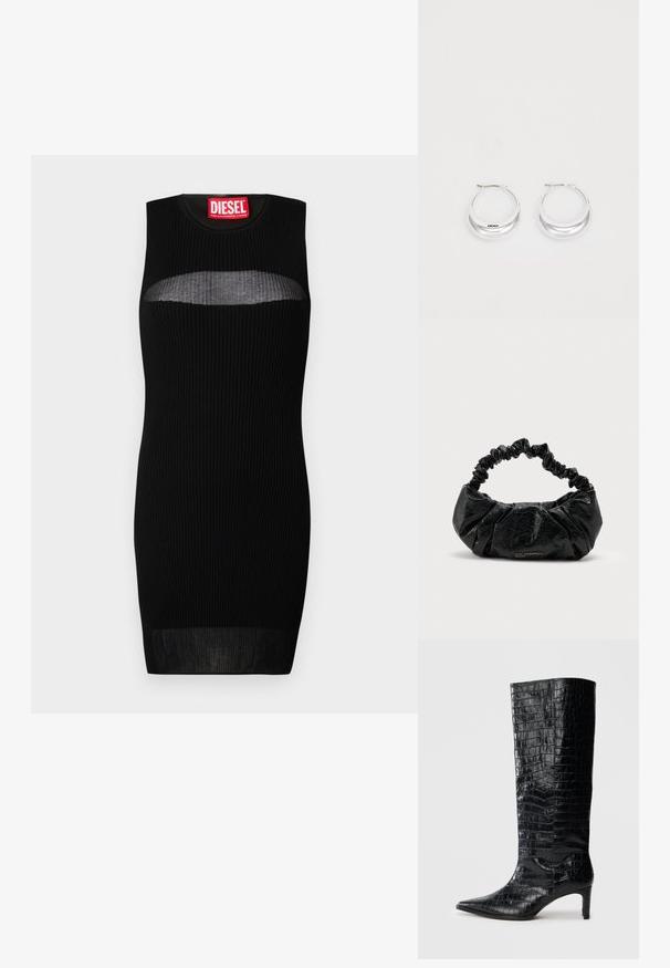 Schwarzes ärmelloses Kleid mit gerippter Textur, das einen semi-transparenten Ausschnitt an der Brust hat. Das Etikett trägt "DIESEL" in fettroter Schrift.; Schwarze kniehohe Stiefel mit glänzender, krokodilgeprägter Textur, spitzer Zehenpartie und schmalem Absatz. Glattes synthetisches Material.; Schwarze, strukturierte Lederhandtasche mit gerafftem elastischem Griff und dezentem "Karl Lagerfeld Jeans"-Logo vorne unten in der Mitte.; Silberne Creolen mit glänzender Oberfläche und DKNY-Logo, vor einem schlichten weißen Hintergrund präsentiert.