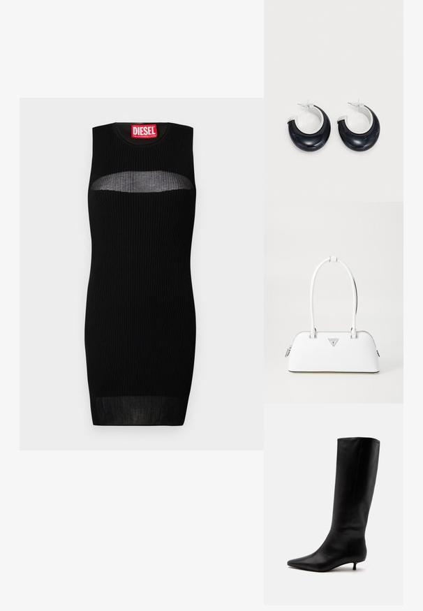 Schwarzes ärmelloses Kleid mit gerippter Textur, das einen semi-transparenten Ausschnitt an der Brust hat. Das Etikett trägt "DIESEL" in fettroter Schrift.; Schwarzer kniehoher Lederstiefel mit spitz zulaufender Schuhspitze und niedrigem Kittenabsatz vor einem schlichten hellen Hintergrund.; Weiße Lederhandtasche mit geschwungener Form, versehen mit einem silbernen dreieckigen Logo und einem Reißverschluss. Glatte Textur und zwei Griffe.; Schwarze Harz-Hoops mit glänzender Oberfläche und silberfarbenen Hardware-Details. Zirkulare Form mit Ausschnitt und Post-Back-Verschluss.