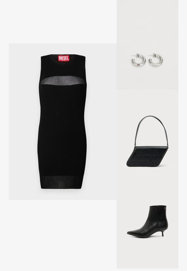 Vestido negro sin mangas con textura acanalada, que presenta un corte semi-transparente en el pecho. La etiqueta dice "DIESEL" en rojo negrita.; Botín de piel negra con puntera puntiaguda y tacón bajo estilo kitten sobre fondo claro, mostrando vista lateral exterior.; Bolso de hombro de cuero negro con forma triangular, logo en relieve y una sola correa ajustable. Diseño minimalista con textura suave.; Pendientes de aro en tono plata con un diseño liso y redondeado, y un pequeño acento de franjas rojas, blancas y azules. Sujetador de presión seguro.
