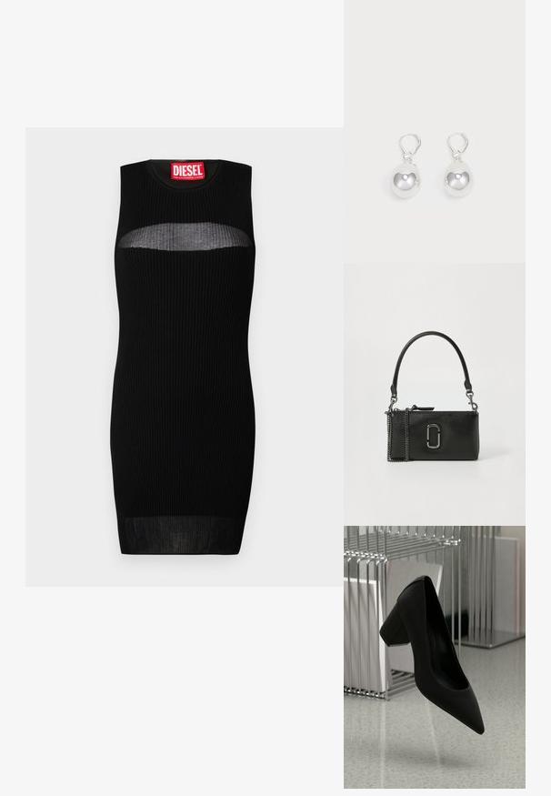 Robe sans manches noire avec texture côtelée, présentant une découpe semi-transparente au niveau de la poitrine. L'étiquette indique "DIESEL" en rouge gras.; Chaussure à talon haut noire avec un bout pointu et un talon épais, en cuir texturé, suspendue au-dessus d'un sol lisse.; Sac à main en cuir noir avec une texture lisse, doté d'une fermeture zippée, d'une chaîne amovible et d'un accent logo métallique proéminent.; Boucles d'oreilles en argent en forme de goutte avec des surfaces lisses, rondes et réfléchissantes, suspendues à des fermoirs à ressort. L'arrière-plan est blanc uni.