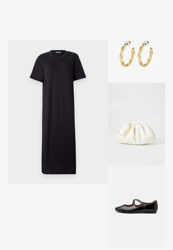 Zwarte maxi jurk met korte mouwen gemaakt van zachte stof; heeft een ronde hals en een losse, rechte silhouwet met een enkellange zoom.; Zwarte lakleren Mary Jane platte schoen met twee uitsparingen en een gouden gespbandje op een witte achtergrond.; Witte leren handtas met een geassembleerd ontwerp, voorzien van een gouden kettingband en een ronde vorm. Gladde textuur met zachte plooien en geen patronen.; Gouden gedraaide oorringen met een gladde afwerking, voorzien van een transparante achterkant en goudkleurige hardware.