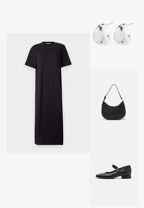 Zwarte maxi jurk met korte mouwen gemaakt van zachte stof; heeft een ronde hals en een losse, rechte silhouwet met een enkellange zoom.; Zwarte leren Mary Jane schoenen met een gepatenteerde neus, verstelbare enkelband en lage blokhak. Een gladde textuur en een elegante uitstraling.; Zwarte hobo tas van soepel leer met een gebogen silhouet, voorzien van een enkele verstelbare schouderriem en minimalistische ontwerpdetails.; Zilveren oorbellen met een soepel, gebogen ontwerp. Ze hebben een gepolijste afwerking en een stekkerbevestiging voor veilige draag.