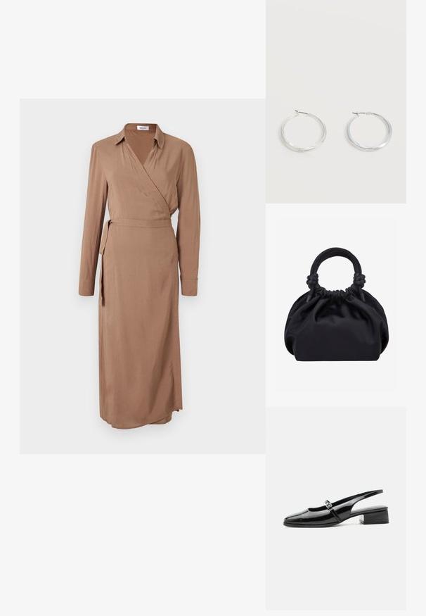 Lang, brun omslagskjole lavet af blødt stof, med krave, lange ærmer, en båndet talje og en sideslids for ekstra design.; Sort laklæderslingback-sko med lav blokhæl og tynd rem med sølvspænde over toppen.; Sort blød stofhåndtaske med samlet top og cirkulære polstrede håndtag bundet med knuder på hver side.; Sølvfarvede metaloorringe med glat, let buet overflade og låsemekanisme på en ensfarvet hvid baggrund.