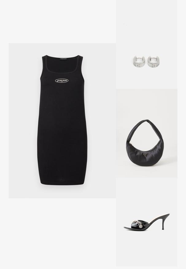 Must have ribaga dress, mille ruudulise kaelusega, millel on rindkeresse paigutatud valge "guess jeans" logo. Lihtne ja keha paremusele rõhutav disain.; Mustast lakknahast kõrge kontsaga mules avatud varbaga ja dekoratiivsete hõbedaste ripatsitega, sealhulgas lille ja luku eestosas oleval rihmal.; Must musträk kott, millel on kaarjas kuju, varustatud lukuga ja metallist kolmnurkse logoga ees. Sile tekstuur ja peen disain.; Guess STYLISH - Kõrvarõngad - silver-coloured
