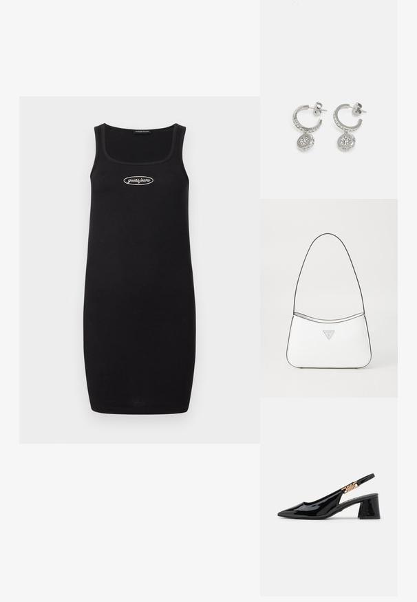 Sorte ribbede tank kjole med firkantet halsudskæring, med en hvid "guess jeans" logo centreret på brystet. Enkel og tætsiddende design.; Sorte patentlæder slingback pumps med spidse tæer og guldfarvet hardware på remmen, med en blokhælhøjder. Glat tekstur.; Hvid håndtaske med et slankt, buet design, der har en tynd sort rem og sølvfarvet trekantet logoaccent. Glat tekstur og minimal detaljering.; Guess STYLISH - Øreringe - silver-coloured